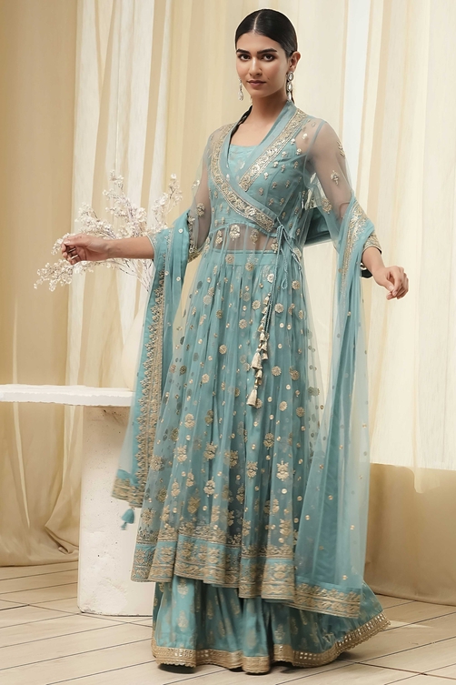 Coral-Pink Polyester Blend Anarkali Lehenga Set image number 3