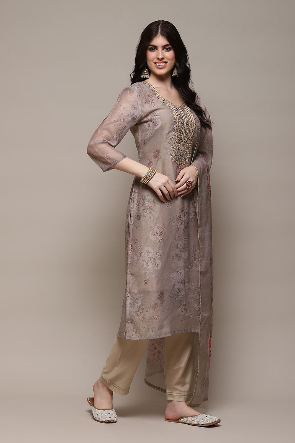 Beige Chanderi Blend Machine Embroidered Unstitched Suit Set image number 7
