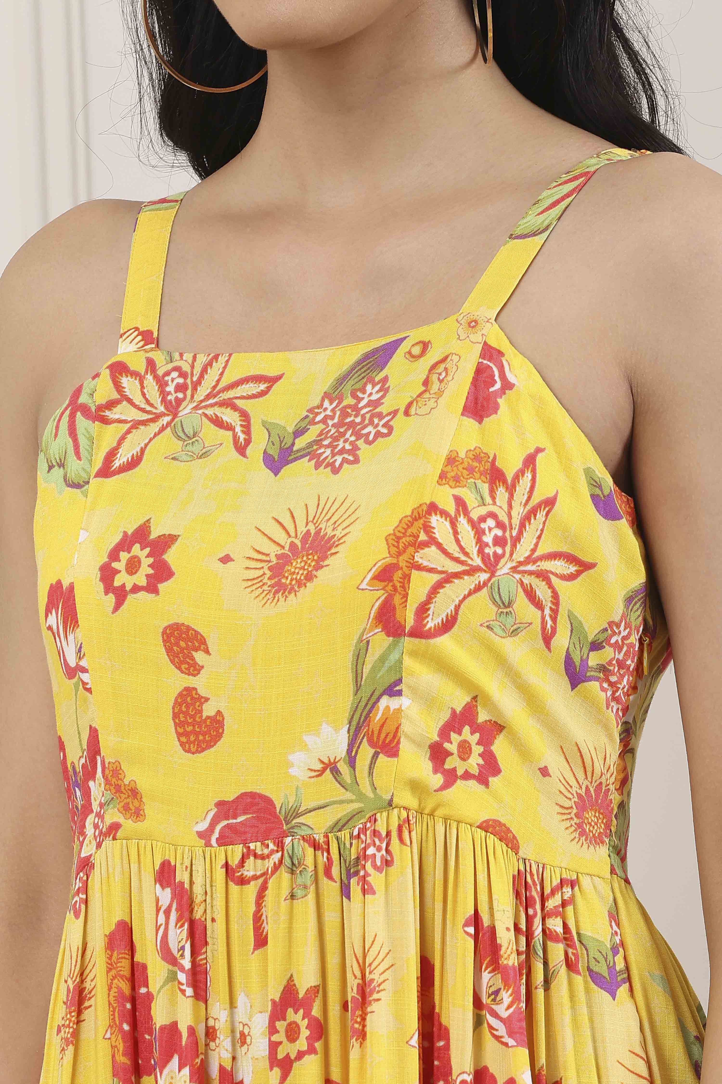 Yellow Viscose Rayon Tiered Dress image number 1