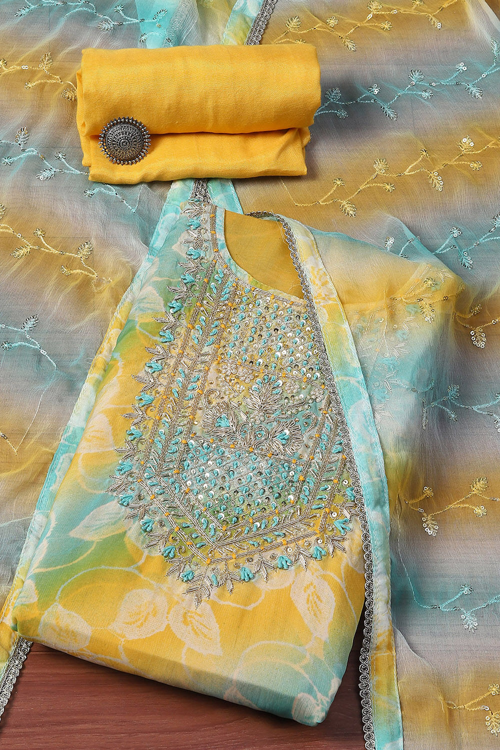 Blue Organza Unstitched Suit set image number 0