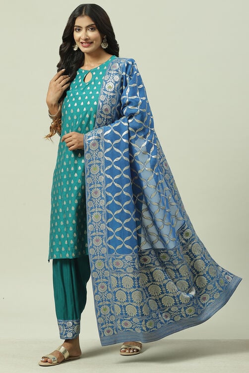 Peacock Green Art Silk Straight Kurta Salwar Suit Set image number 5
