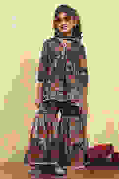 Black Polyester Printed Peplum Sharara Suit Set image number 7