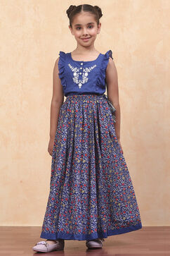 Blue Cotton Straight Printed Kurta Skirt Suit Set image number 6