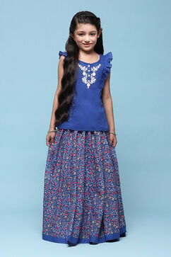 Blue Cotton Straight Printed Kurta Skirt Suit Set image number 6