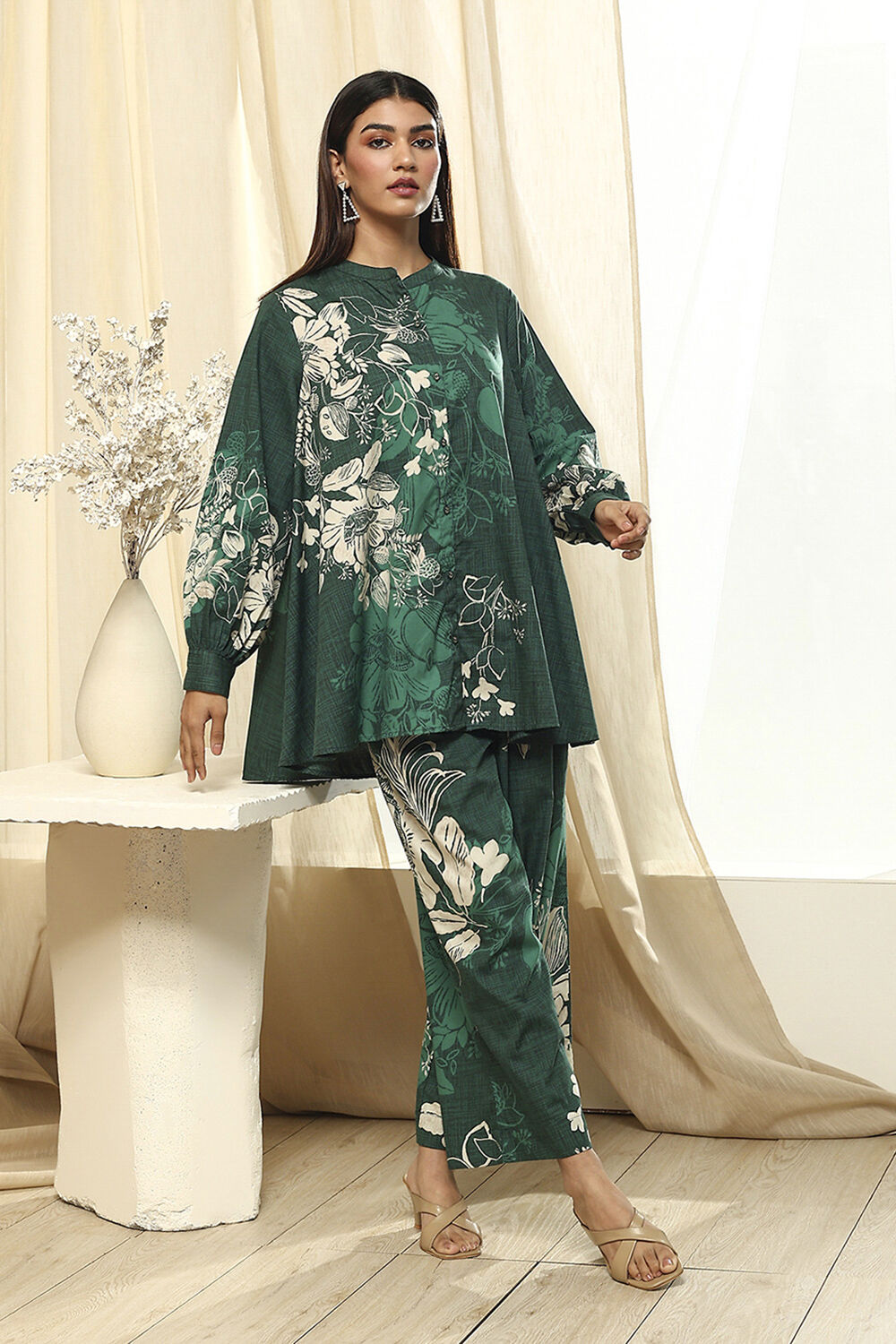 Green Cotton Floral Printed Co-ord Set image number 0