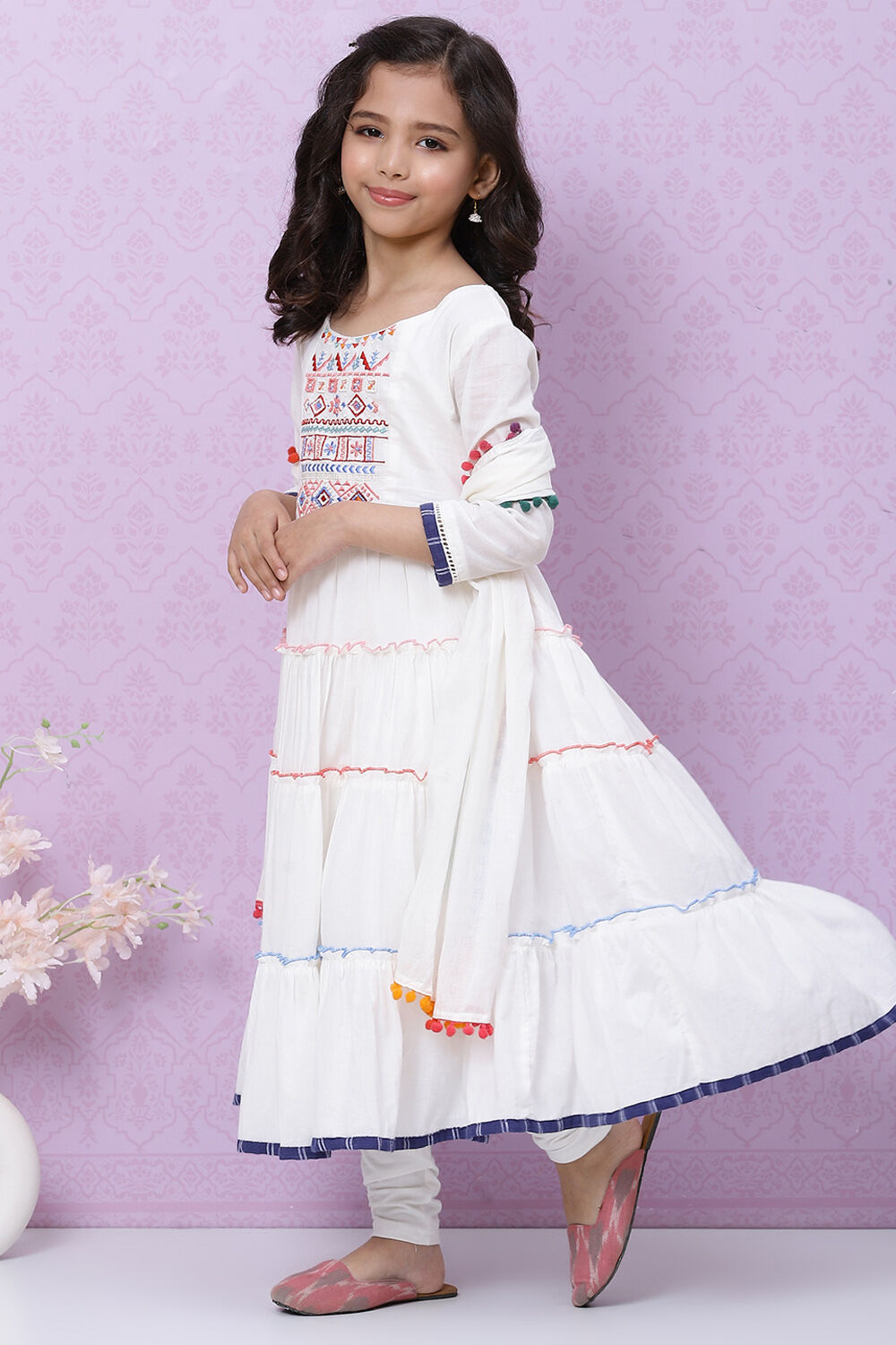 Off White Cotton Tiered Kurta Churidar Suit Set image number 5