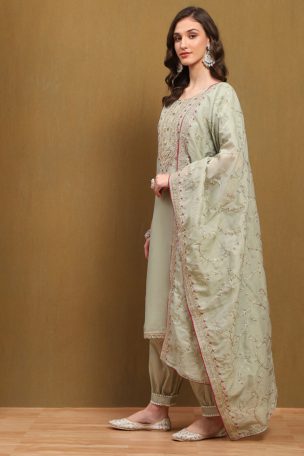 Green Tissue Machine Embroidered Unstitched Suit Set image number 2