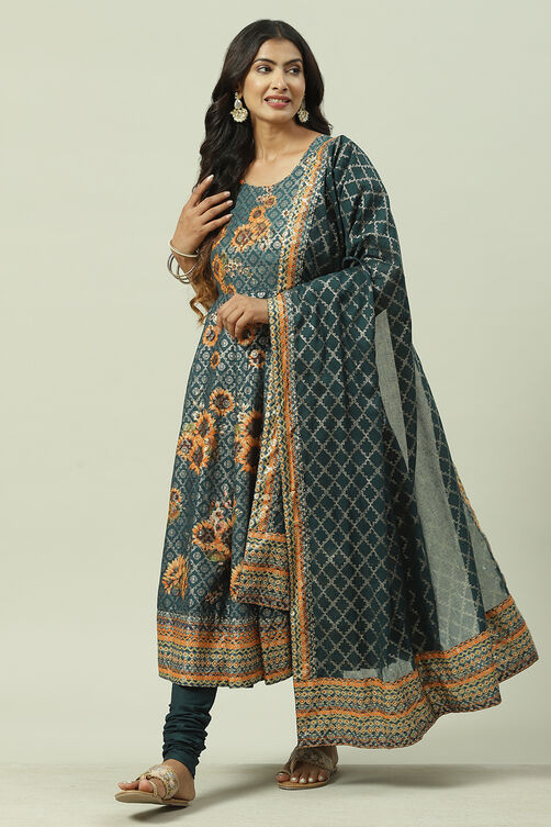 Peacock Blue Cotton Anarkali Kurta Churidar Suit Set image number 0