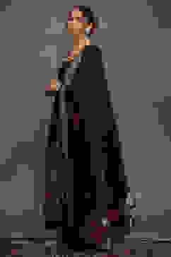 Rohit Bal Navy Blue Silk Chanderi Floral Anarkali Suit Set image number 2