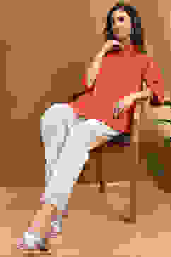 Orange Cotton Blend Solid Straight Shirt Style Kurti image number 0