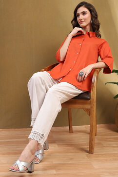 Orange Cotton Blend Solid Straight Shirt Style Kurti image number 0