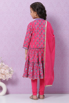 Pink Cotton Tiered Kurta Churidar Suit Set image number 4