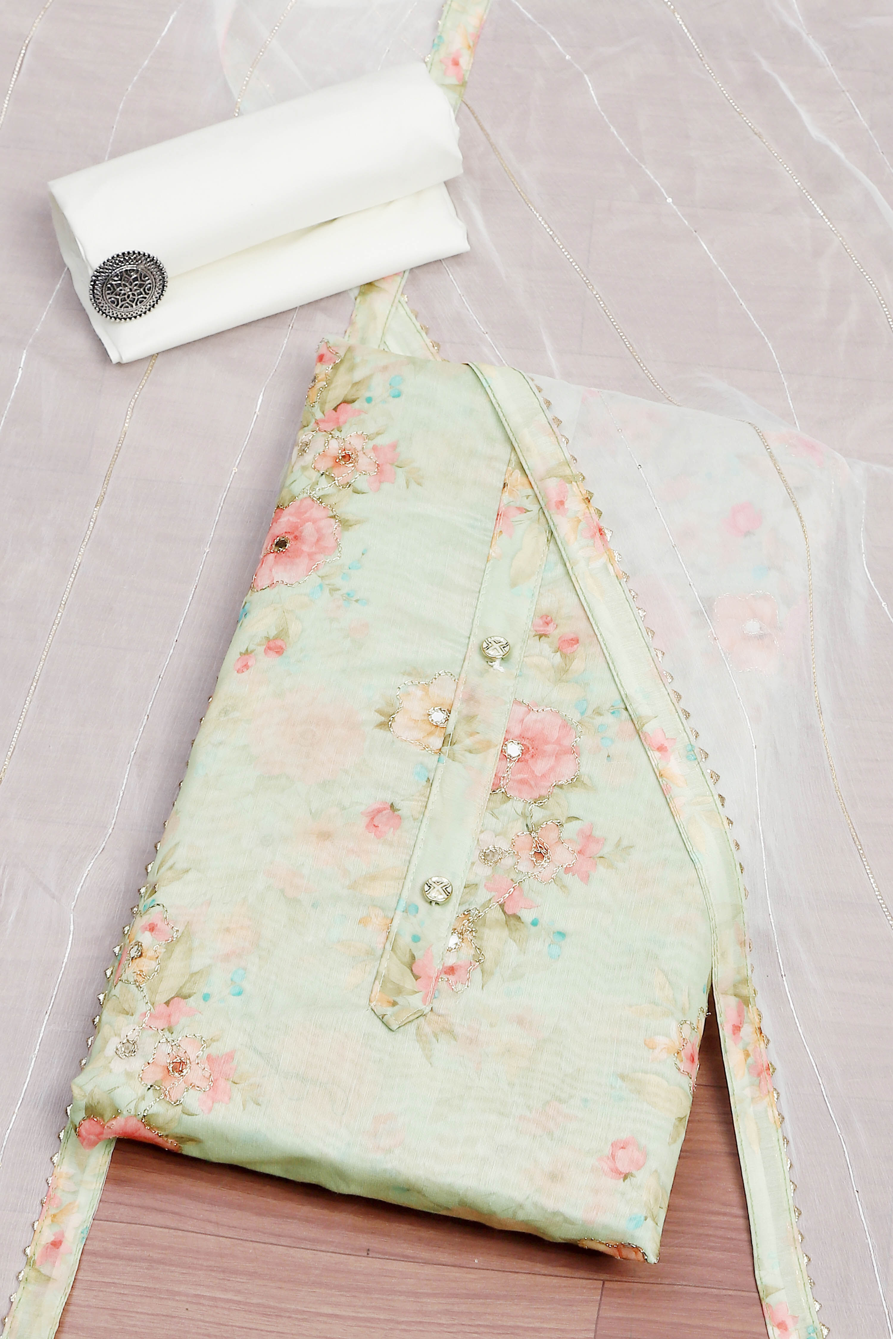 Peach Chanderi  Printed Unstitched Suit Set image number 3