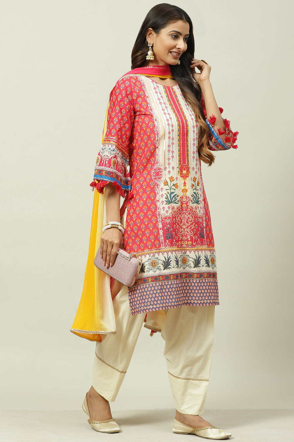 Fuschia Cotton Straight Kurta Salwar Pant Suit Set image number 5