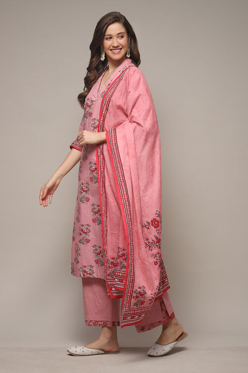 Salmon Cotton Straight Kurta Palazzo Suit Set image number 3