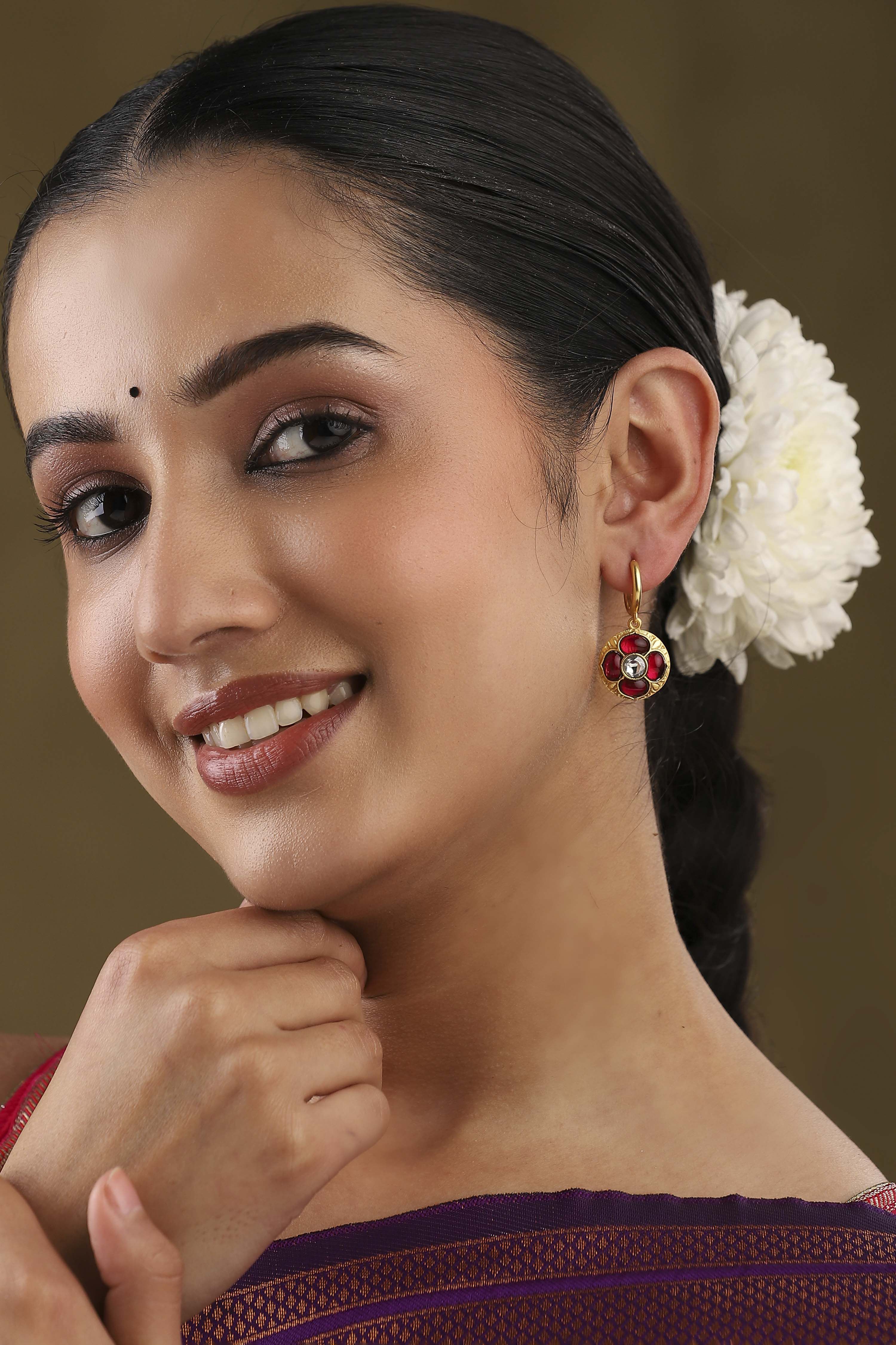 Pink Gold Plated Brass Floral Studded Drop Earrings image number 3