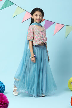 Pink & Blue Cotton Short Top Lehenga Set image number 6