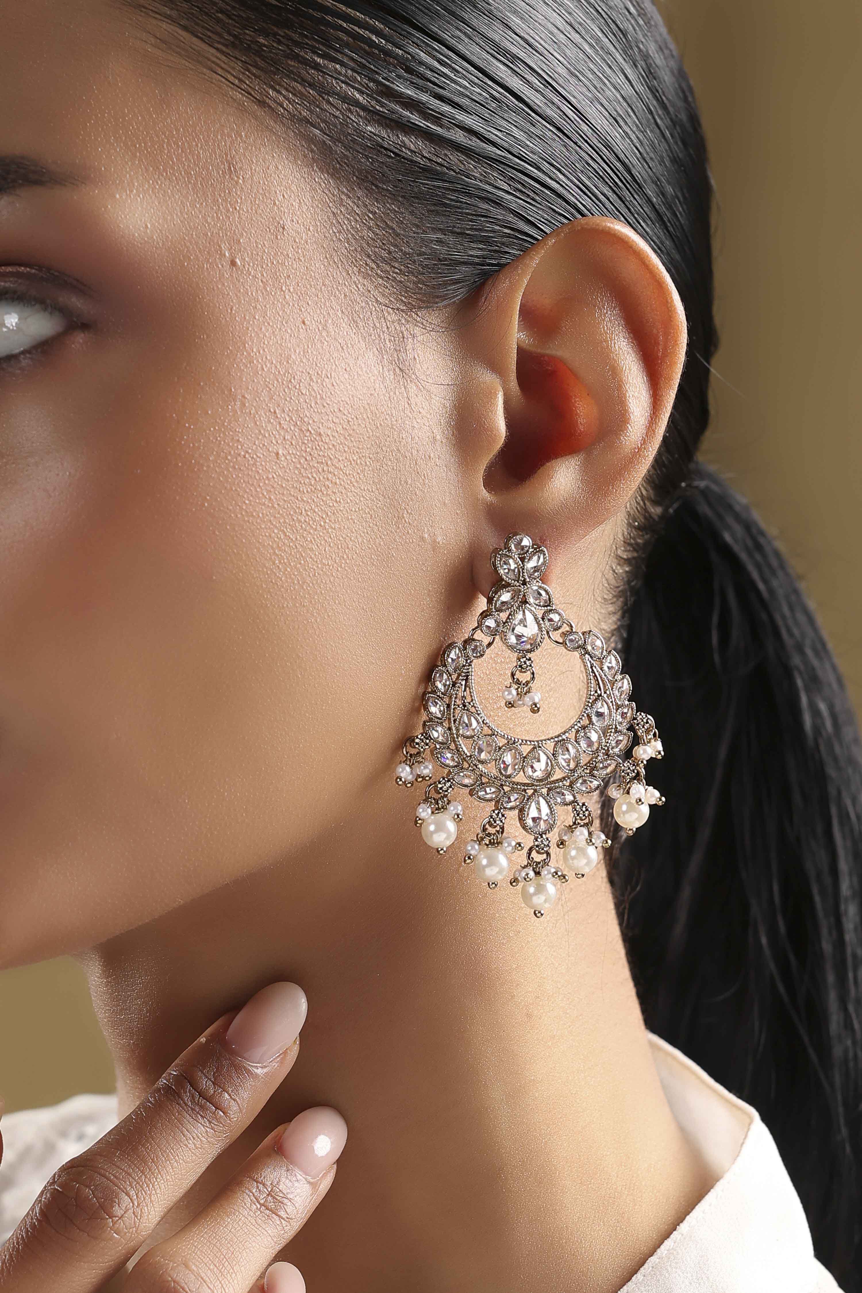 White Gold-Plated Alloy Studded Chandbalis image number 1