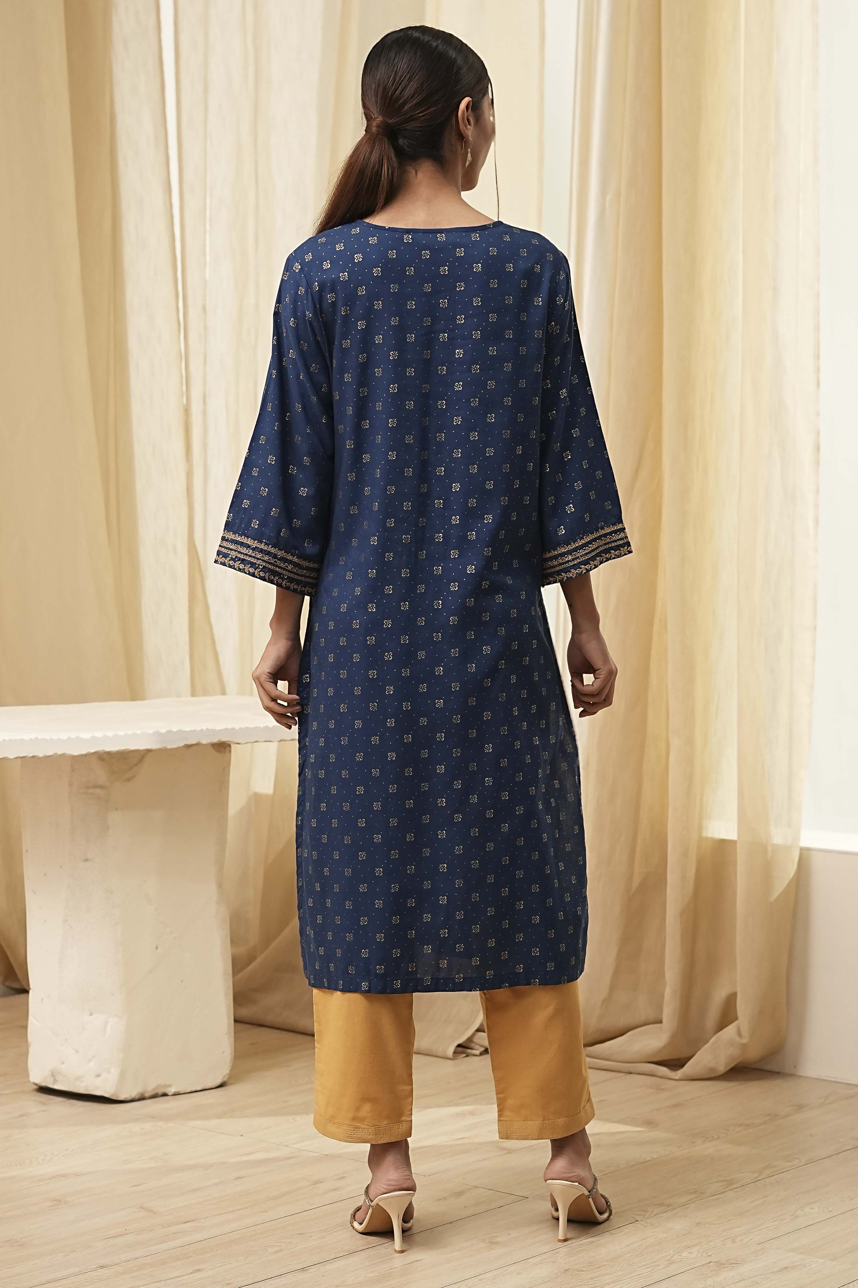 Blue Printed Straight Kurta image number 3