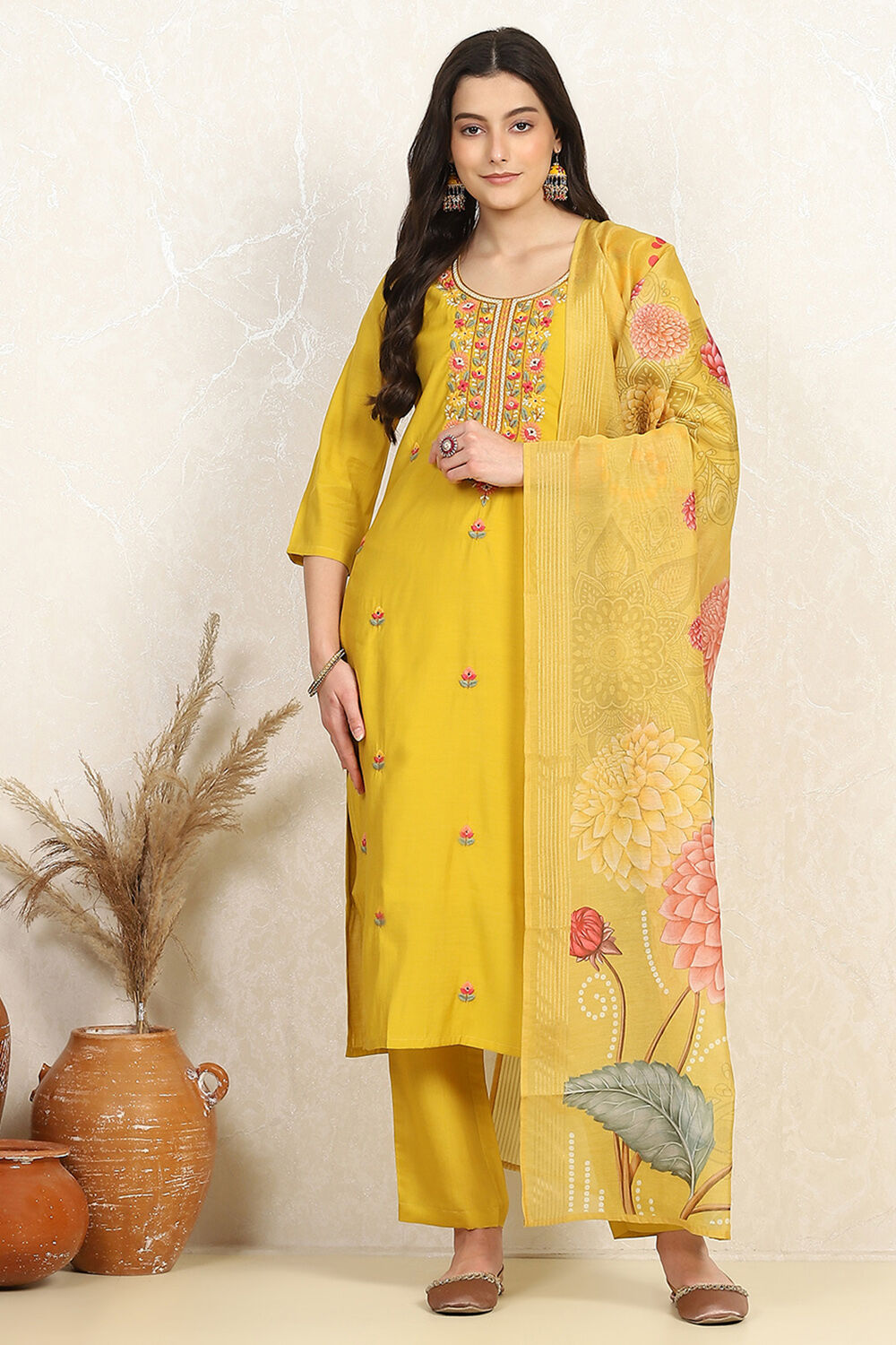 Yellow Silk Blend Machine Embroidered Unstitched Suit Set image number 7