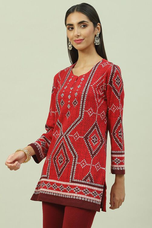 Red Acrylic Straight Yarndyed Kurti image number 2