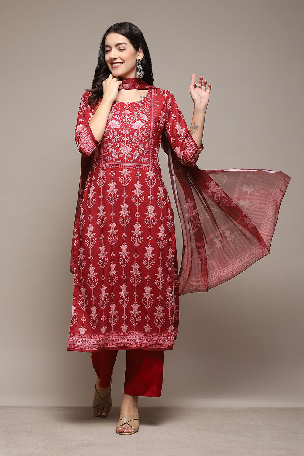 Green & Maroon Silk Blend Digital Print Unstitched Suit Set image number 8