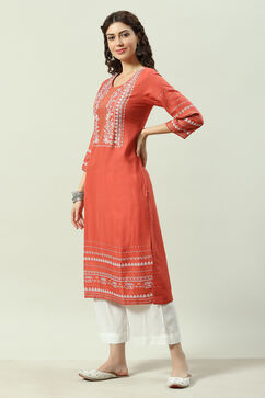 Coral Printed Rayon Straight Kurta Palazzo Suit Set image number 3