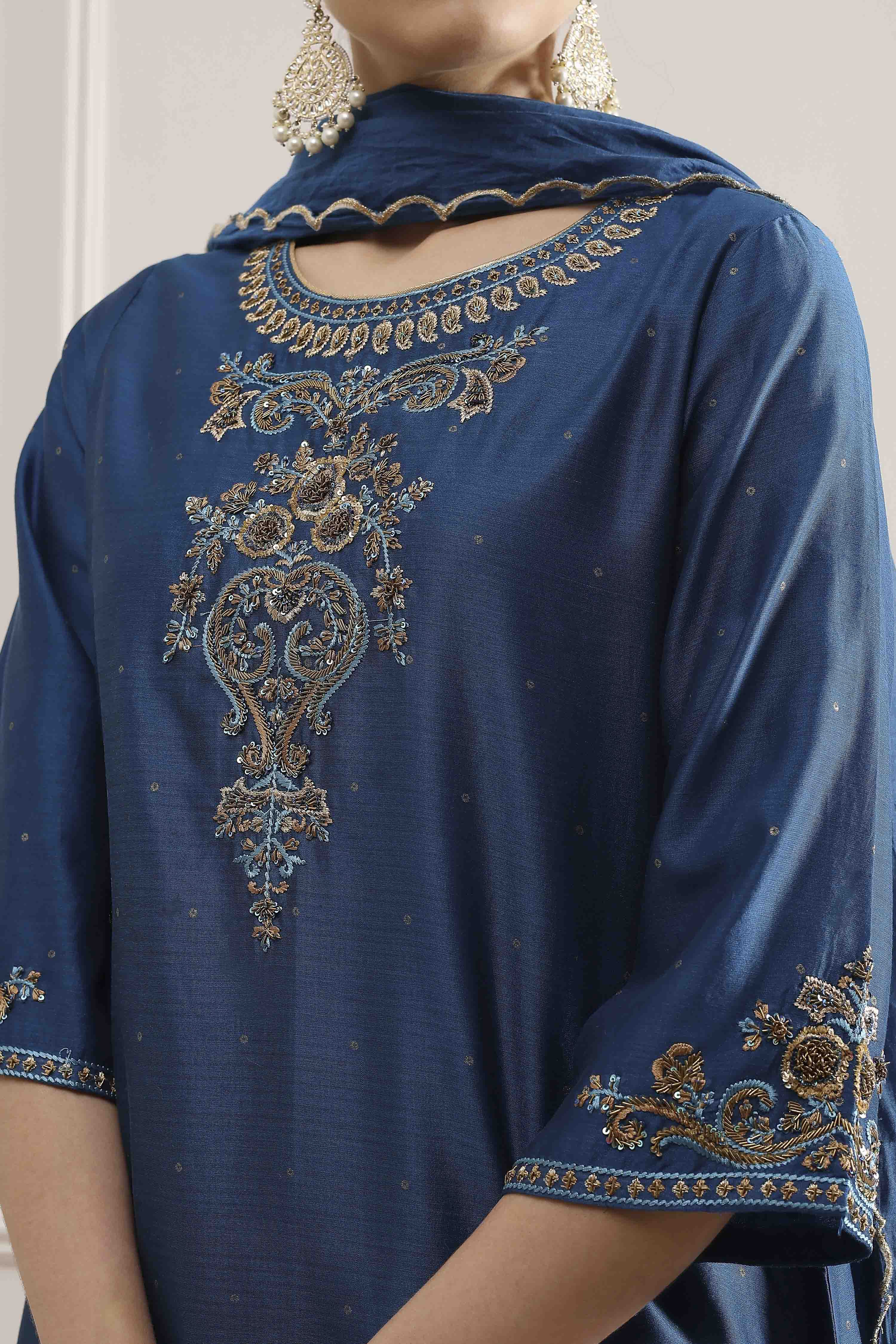 Blue Chanderi Embroidered Straight Suit Set image number 1
