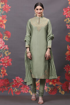 Rohit Bal Jade Green Cotton Silk Straight Embroidered Suit Set image number 6
