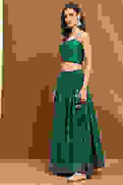 Green Silk Chanderi Festive Flared Lehenga Set image number 8