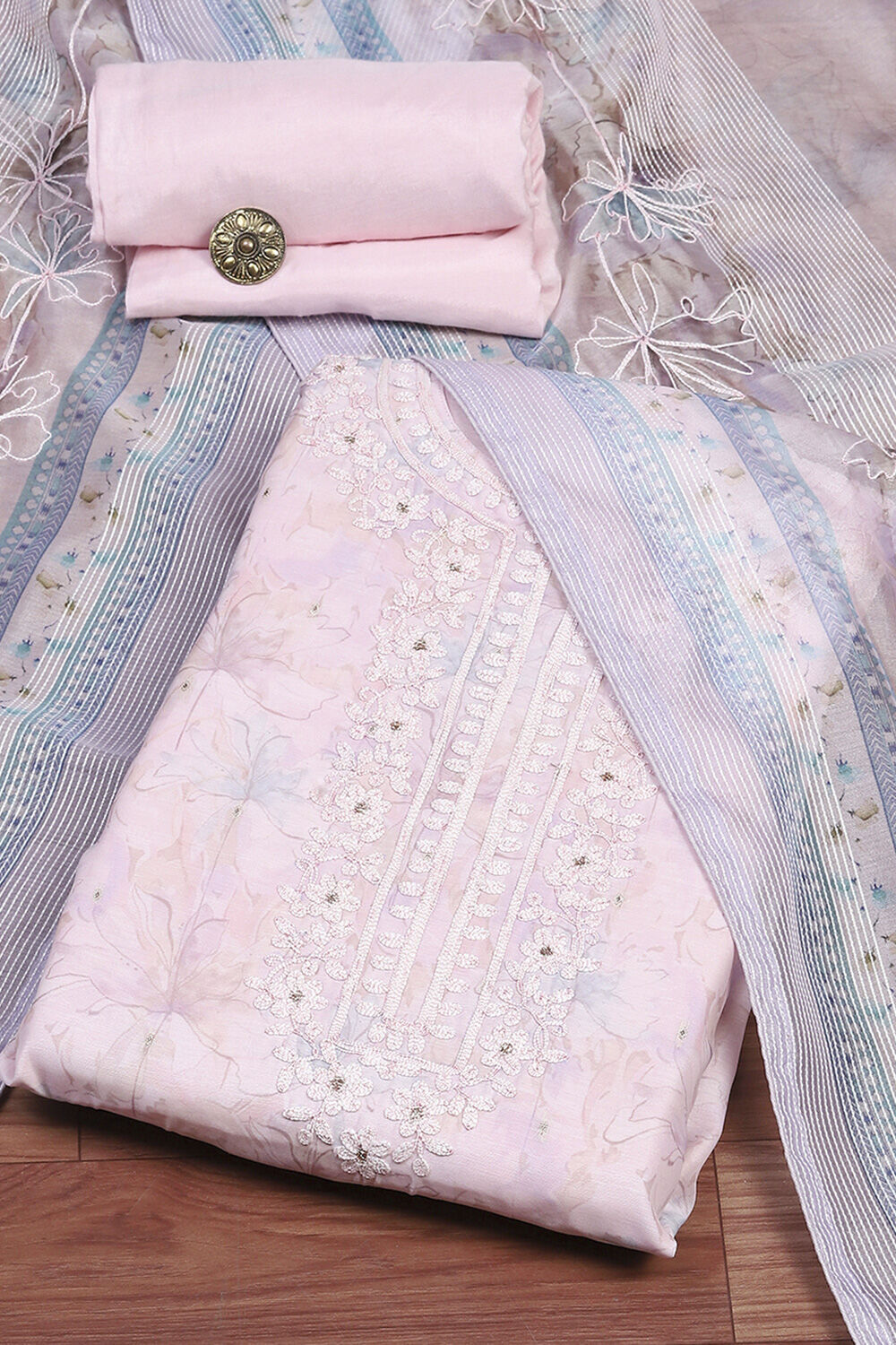 Light Pink Chanderi Unstitched Suit Set image number 0