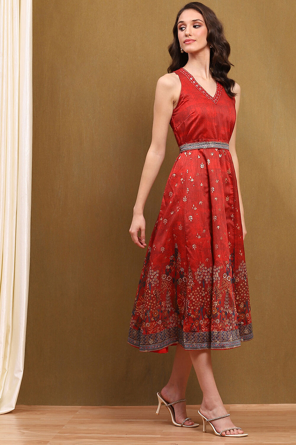 Red Dupion Floral Printed Flared Dress image number 4