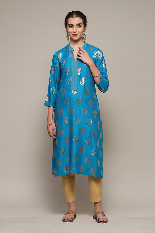 Blue Rayon Straight Printed Kurta image number 5