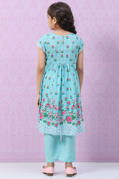 Turquoise Art Silk Straight Printed Kurta Set image number 4