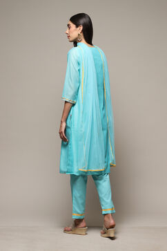 Turquoise Yarndyed A-Line Kurta Regular Pants Suit Set image number 4