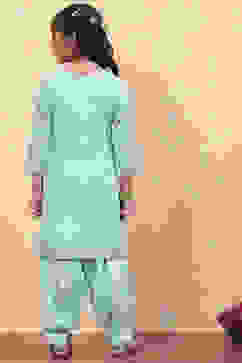 Turquoise Cotton Straight Printed Kurta Patiala Salwar Suit Set image number 4