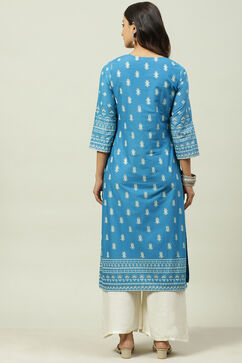 Blue Cotton Straight Kurta image number 4