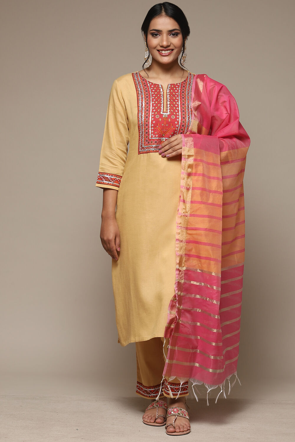 Beige Rayon Straight Kurta Pant Suit Set image number 7