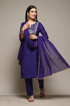 Pink & Purple Poly Cotton Straight Embroidery Kurta Slim Pant Suit Set image number 0