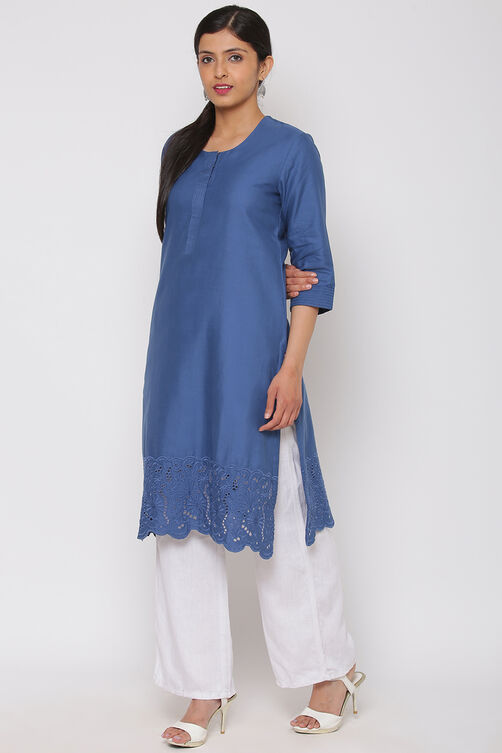 Blue Cotton Linen Solid Kurti image number 2