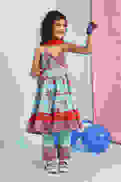 Sky Blue Cotton Printed Tiered Suit Set image number 0