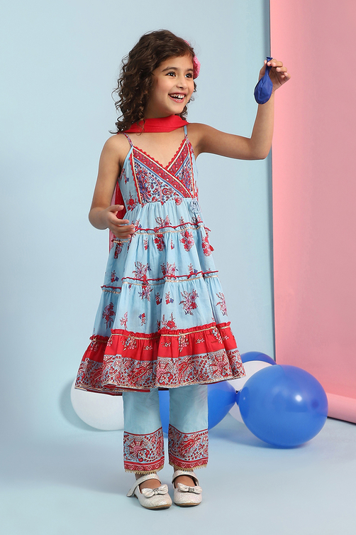 Sky Blue Cotton Printed Tiered Suit Set image number 0