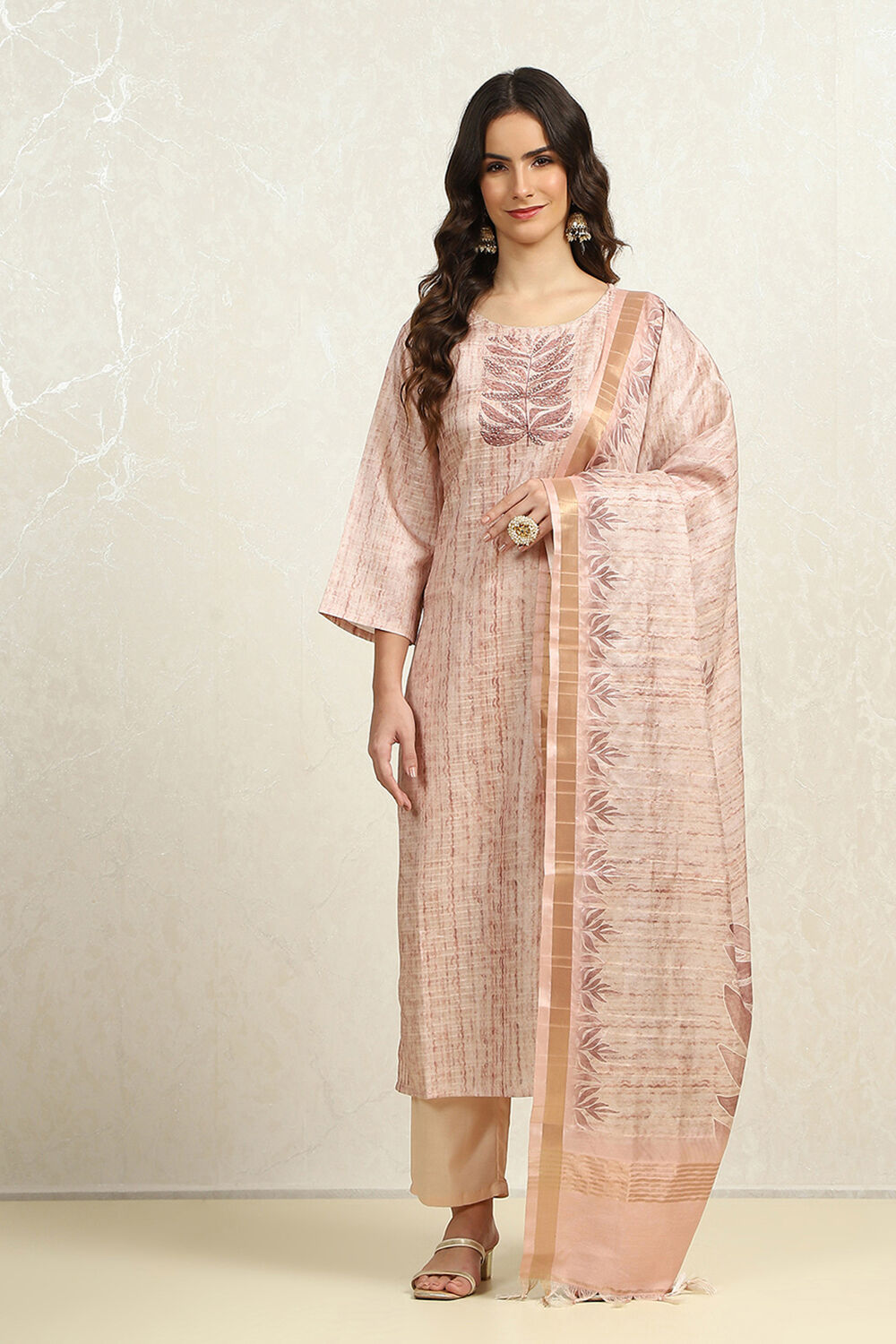 Blue Tussar Printed Unstitched Suit Set image number 7