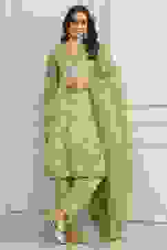 Green Cotton Blend Floral Straight Suit Set image number 0