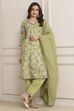 Green Cotton Blend Floral Straight Suit Set