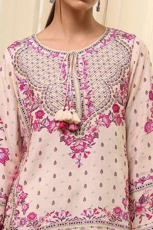 Off-White and Pink Modal Blend Straight Short Kurta image number 1