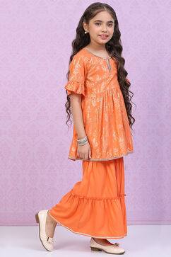 Orange Rayon Flared Printed Kurta Set image number 5