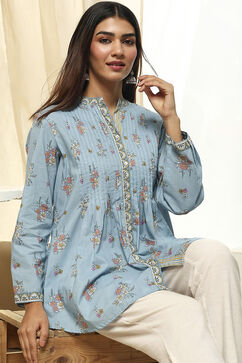 Dull Blue Floral Cotton Shirt-Style Short Kurta image number 6