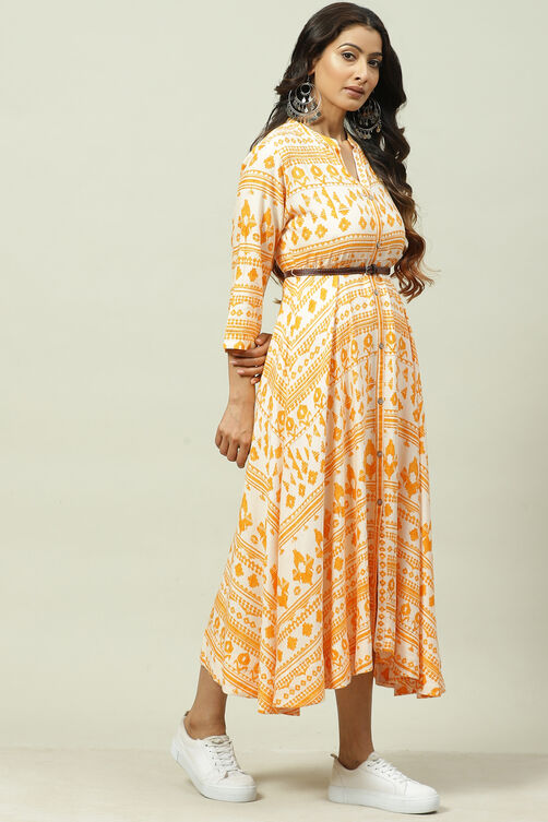 Mustard Rayon Asymmetric Fusion Dress image number 2