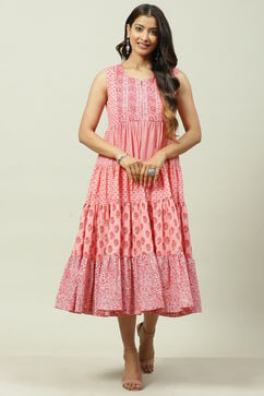 Pink Cotton Flared Fusion Printed Dress image number 0